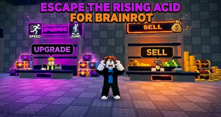 Escape the Rising Acid For Brainrot gameplay thumbnail showing toxic acid hazard and obby platforms